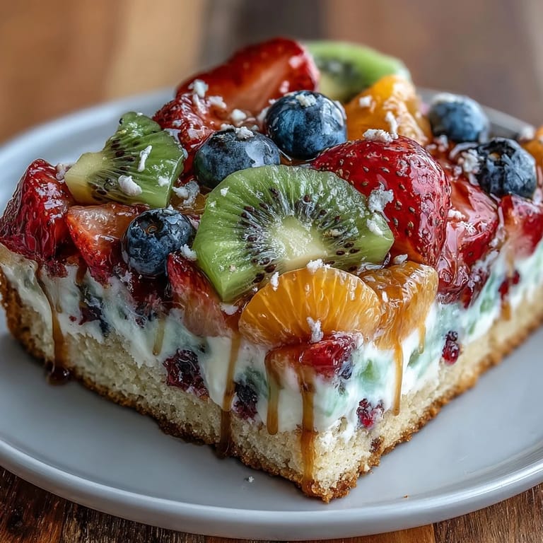 Delightful Summer Party Fruit Pizza featuring a golden cookie base, smooth cream cheese frosting, and a rainbow of seasonal fruits for a refreshing dessert.