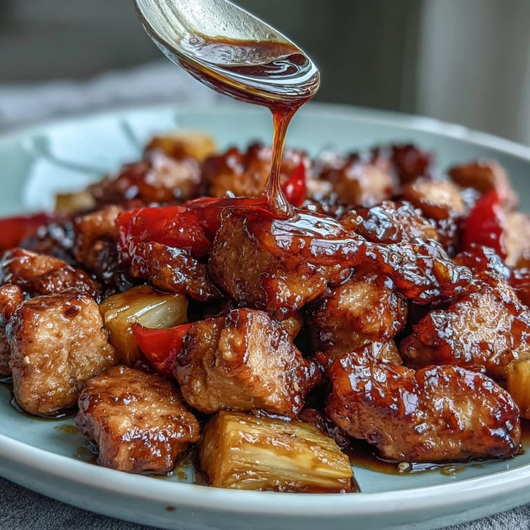 A colorful one-pan meal of tender chicken, pineapple chunks, and crisp vegetables in vibrant sweet and sour sauce.