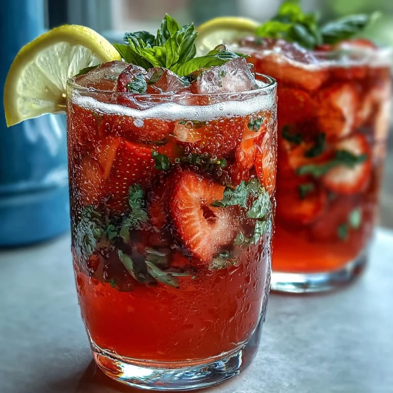 Refreshing strawberry basil lemonade in a clear pitcher with ice, garnished with lemon wheels and basil sprigs for a bright, herbal twist.