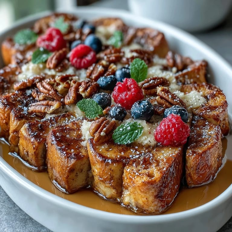 Decadent brioche French toast bake layered with fresh blueberries, topped with a buttery streusel, and dusted with powdered sugar.  