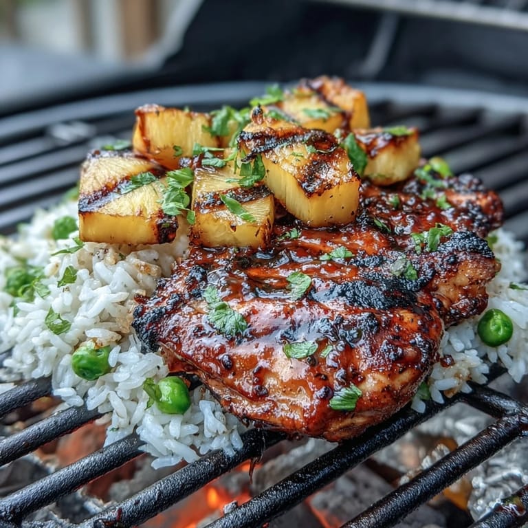Grilled pineapple chicken and rice foil packets with colorful bell peppers and sweet pineapple chunks.