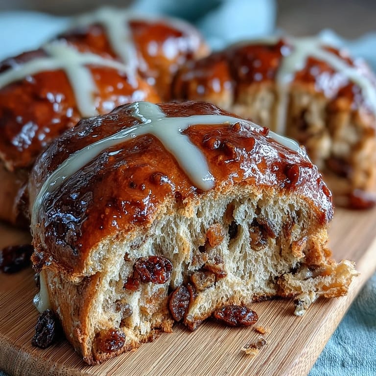 Golden baked hot cross buns topped with zesty orange and lemon glaze, studded with currants and candied peel.