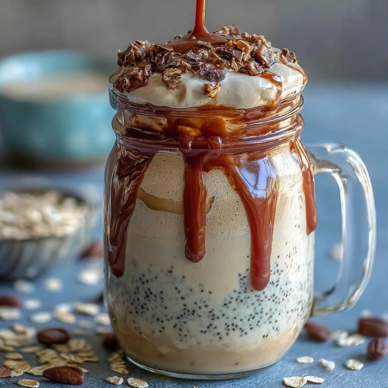 Vanilla Bean Frappuccino Overnight Oats jar featuring rich vanilla oats, chilled coffee layer, and a dollop of whipped cream for a refreshing start.