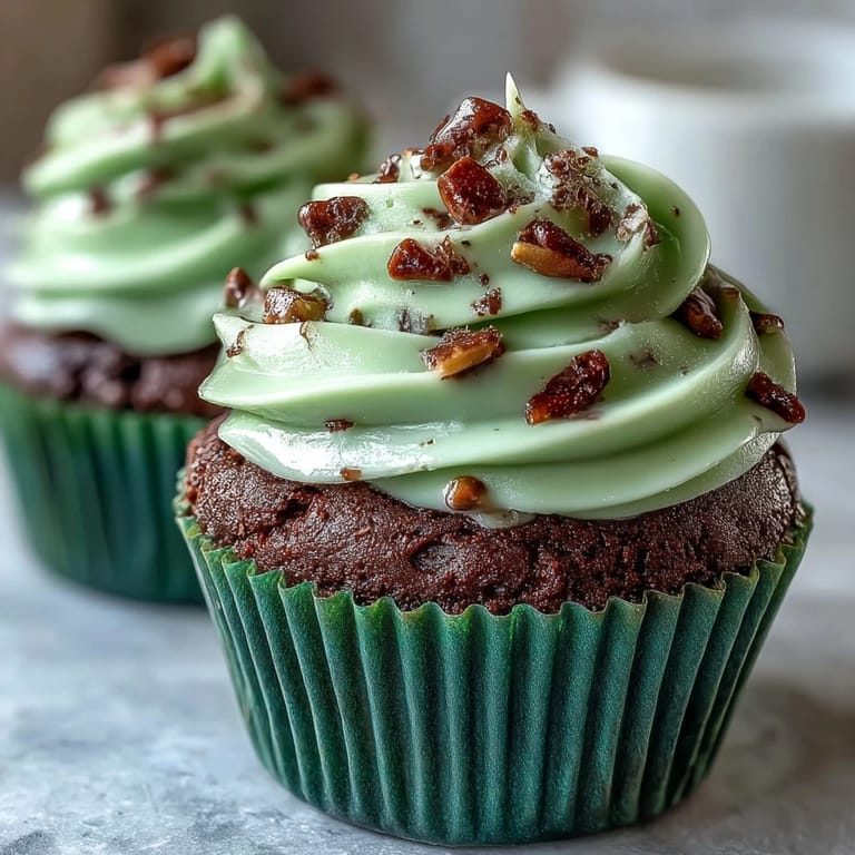 Moist green velvet cupcakes with cocoa and tangy cream cheese frosting, perfect for St. Patrick's Day celebrations.