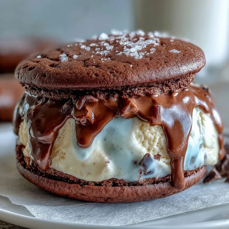 Two Vanilla Bean Frappuccino Ice Cream Sandwiches stacked on a plate, showing rich espresso cookies hugging a scoop of vanilla bean ice cream.