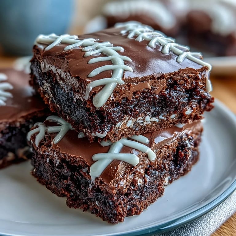 Rich chocolate brownie bites topped with white icing laces, a sweet treat for sports parties and celebrations.