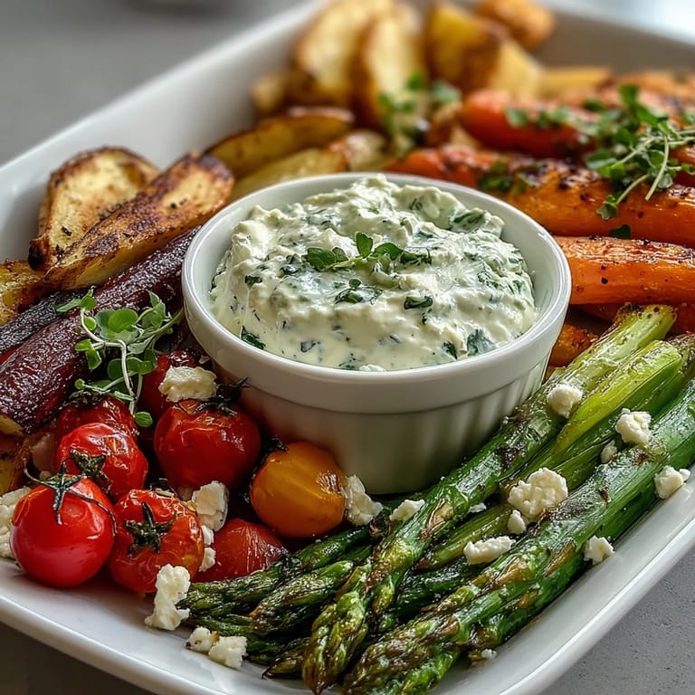Fresh seasonal vegetables paired with creamy herb dip, perfect for spring gatherings or light appetizers.