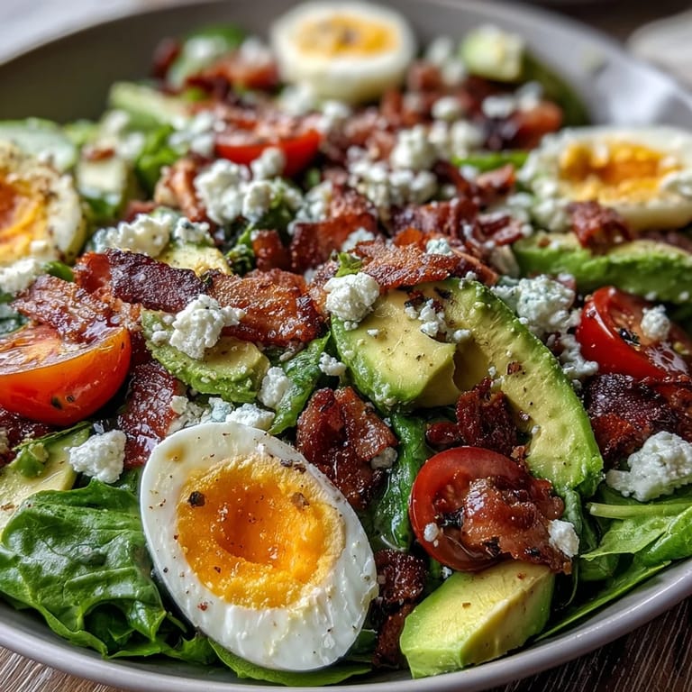 Colorful Cobb Salad with Strawberries and Avocado, arranged with crisp veggies, hard-boiled eggs, and drizzled with balsamic dressing.