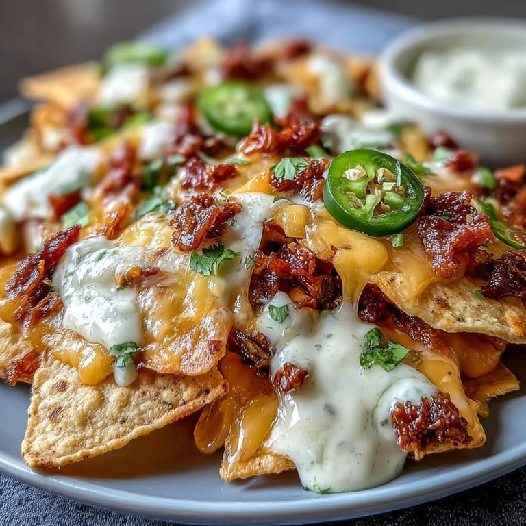 Crispy tortilla chips smothered in rich cheese sauce and topped with fresh tomatoes, onions, and cilantro for a crowd-pleasing snack.