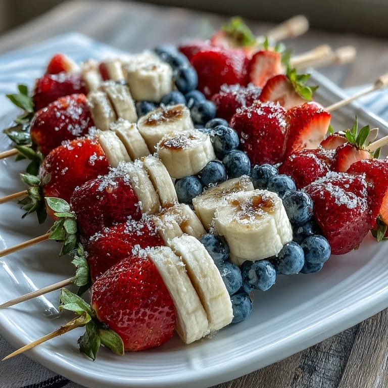 Colorful Fourth of July fruit skewers featuring juicy strawberries, creamy banana slices, and plump blueberries in a vibrant, patriotic pattern.