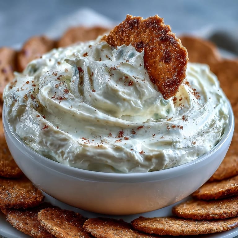 Easy viral cheesecake dip with whipped cream and powdered sugar, ready in just 10 minutes.