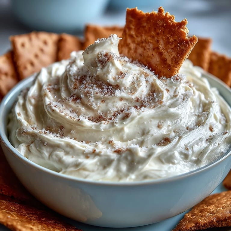Sweet and fluffy cheesecake dip paired with graham cracker sticks for dipping.