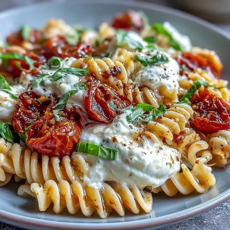 Burrata-topped Caprese Pasta: Silky burrata cheese melts over warm pasta with ripe tomatoes, garlic, and fresh basil for an Italian-inspired vegetarian dinner.