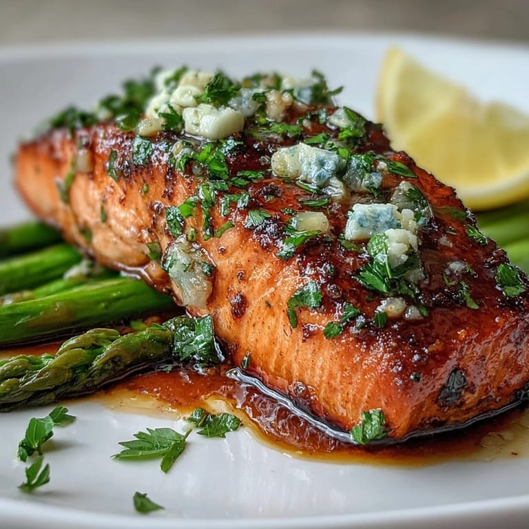 Golden pan-seared salmon fillets rest on a bed of sautéed asparagus, drizzled with rich garlic butter and fresh parsley.