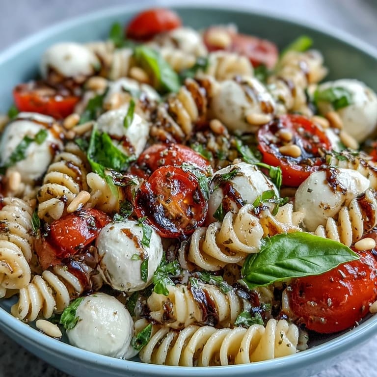 Colorful caprese pasta salad featuring juicy tomatoes, creamy mozzarella, and fragrant basil leaves.