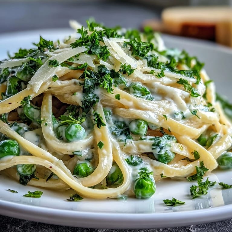 Bright spring pasta dish featuring al dente linguine tossed in a silky lemon-ricotta sauce with vibrant green peas and garlic.