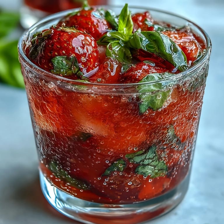 A visually appealing Strawberry Basil Mocktail, muddled with basil and topped with sparkling water.