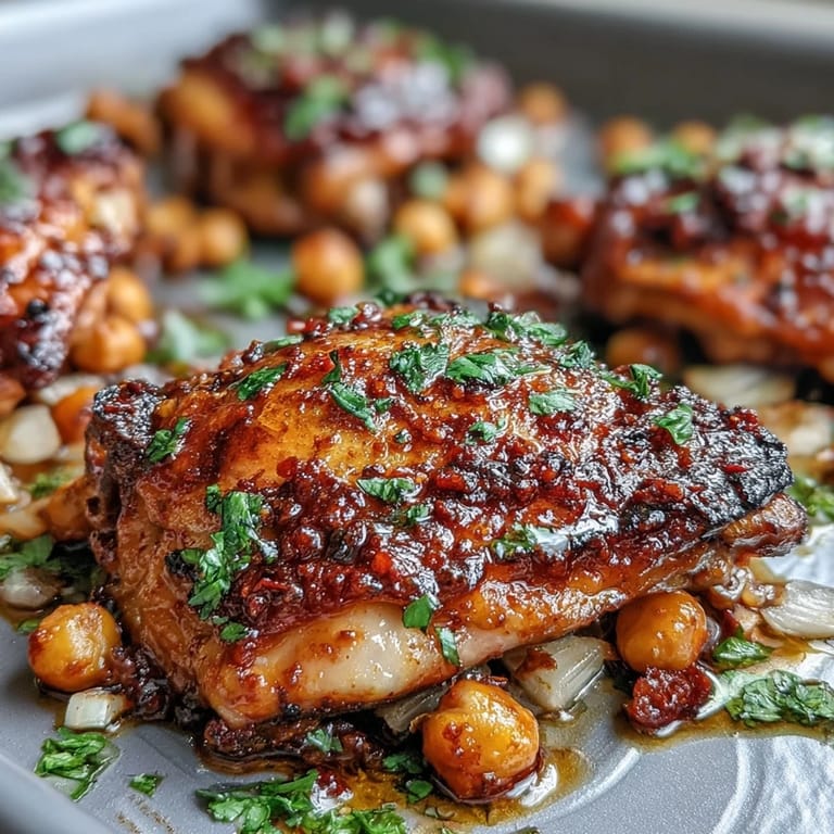 One-pan harissa chicken traybake featuring tender chicken and caramelized vegetables.