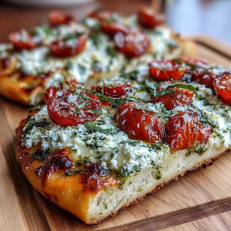 Golden cottage cheese flatbread topped with vibrant pesto and ripe cherry tomatoes.