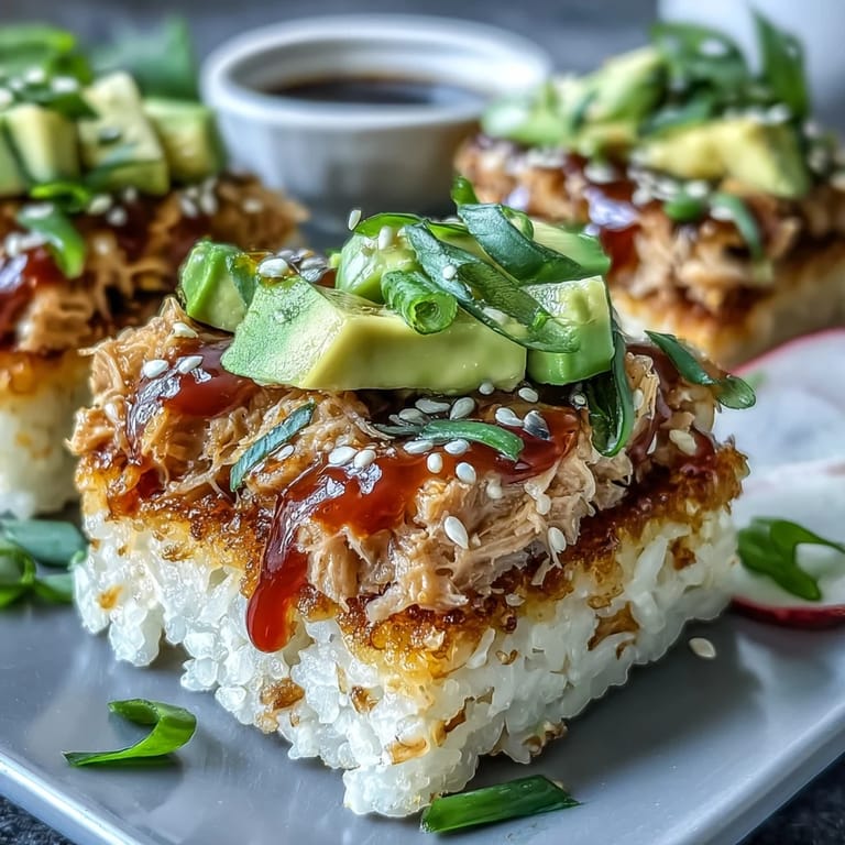 Perfectly plated crispy rice salad, showcasing fresh avocado and zesty spicy tuna.