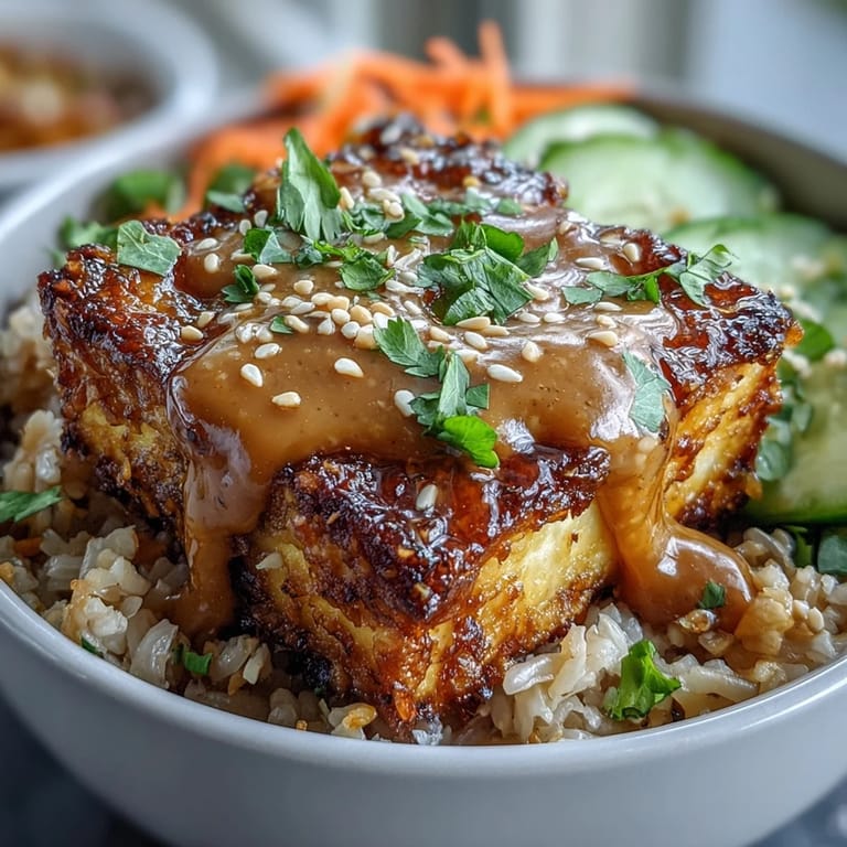 A vibrant vegan bowl featuring golden tofu, nutty brown rice, crunchy veggies, and a creamy peanut dressing for a satisfying meal.  
