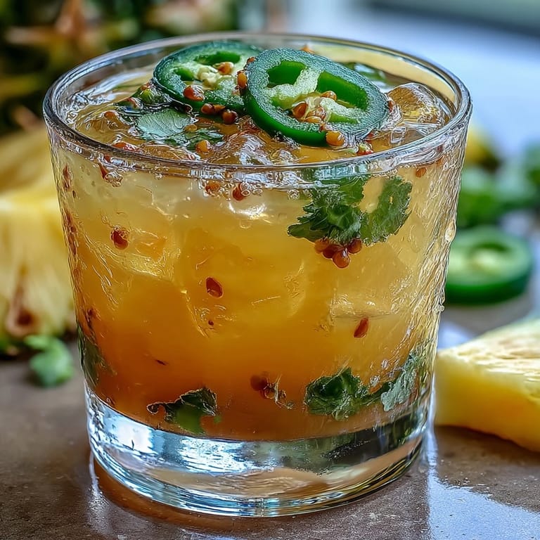 Enjoy this easy Pineapple Jalapeño Agua Fresca, garnished with fresh fruit.