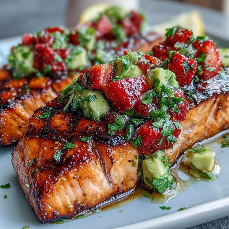 Perfectly flaky grilled salmon featuring a bright, fruity strawberry avocado salsa.