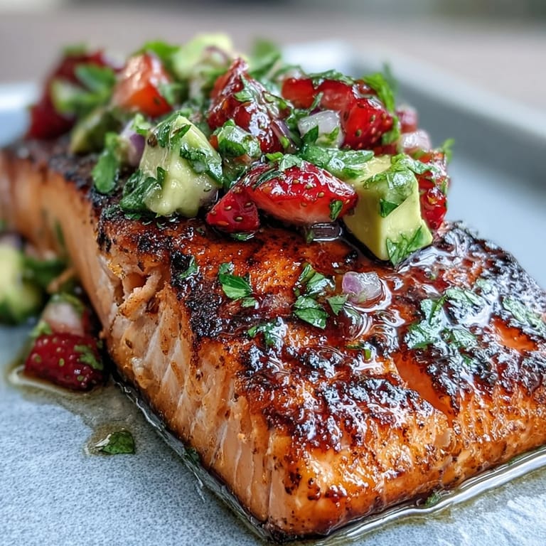 Juicy grilled salmon dish piled high with fresh strawberry avocado salsa.