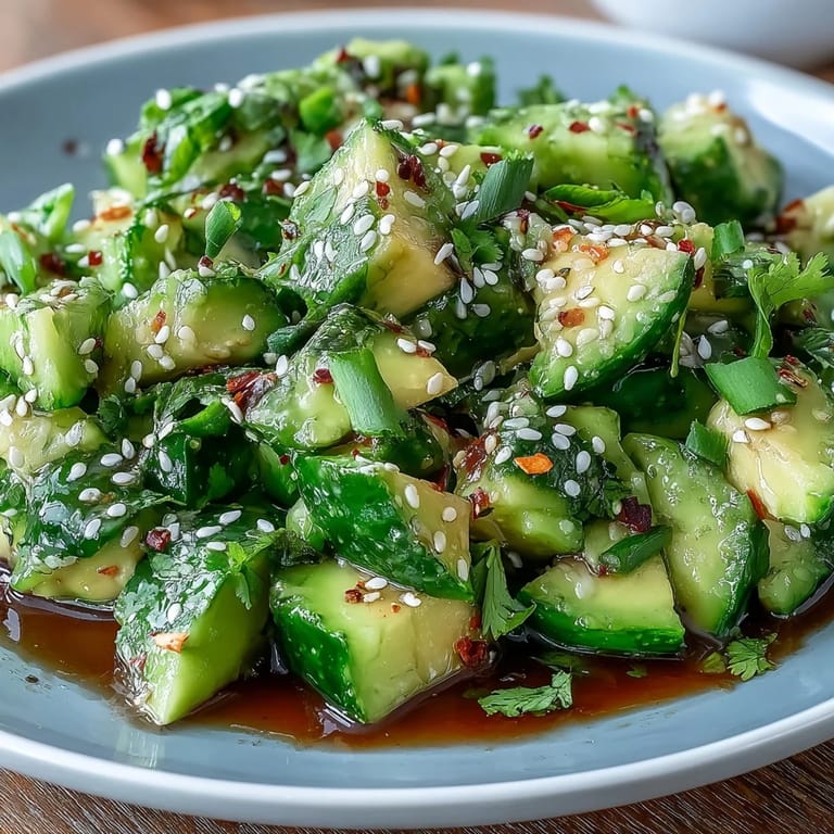 Delicious smashed cucumber and avocado salad bowl, lightly dressed and garnished.