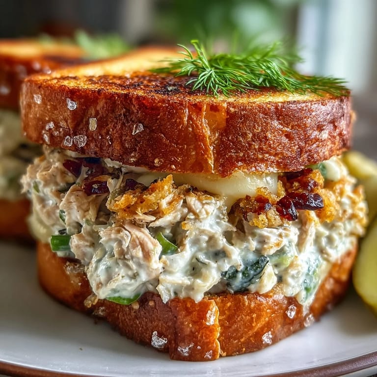 Buttery, toasted bread encases gooey cheese and flavorful tuna melt filling.