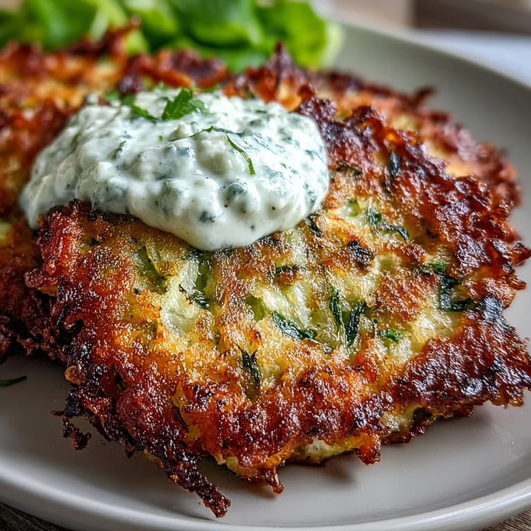 Appetizing zucchini fritters, fluffy inside, golden brown, served with a refreshing sauce.