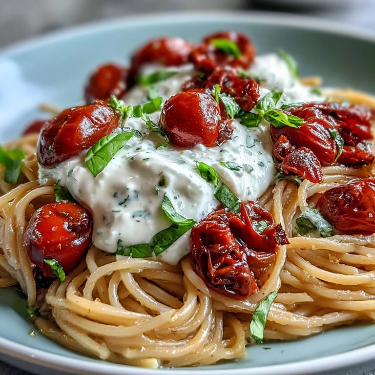 Fresh Summer Caprese Pasta bowl with luscious burrata and aromatic basil leaves.
