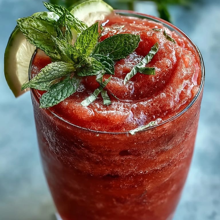 Tangy, sweet Frozen Watermelon Lemonade Slushie, perfect for a hot afternoon.