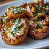Crispy smashed potatoes infused with roasted garlic and fresh herbs, golden and aromatic on a baking sheet.  
