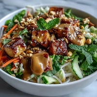 A colorful Asian spring roll bowl with crisp vegetables, rice noodles, and creamy peanut sauce, topped with fresh herbs and roasted peanuts.  