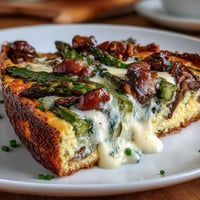 A golden frittata baked with asparagus and mushrooms on a crisp sourdough crust, perfect for brunch or a light dinner.