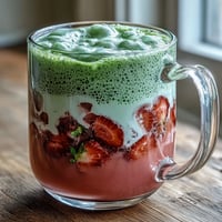Warm strawberry matcha latte with frothy milk and vibrant green matcha swirls in two mugs.