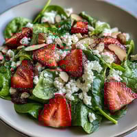 Baby in Bloom Spinach Strawberry Salad with Poppy Seed Dressing, showcasing vibrant baby spinach leaves, juicy strawberries, crumbled feta, and toasted almonds, tossed in a tangy homemade poppy seed dressing.