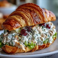 Picnic Chicken Salad Croissant Sandwiches with Grapes - A buttery croissant filled with creamy chicken salad, juicy red grapes, and crisp celery for a perfect outdoor meal.