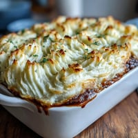 Vegetarian Shepherds Pie with Lentils and Mushrooms - golden mashed potatoes over a savory lentil and mushroom filling, baked until bubbling.