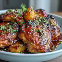 A sizzling skillet of honey garlic chicken with juicy pineapple and colorful bell peppers, glazed to perfection in a sticky sweet sauce.