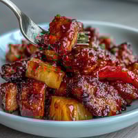 Sweet and sour chicken with pineapple and bell peppers sizzling in a skillet, coated in glossy, tangy sauce.