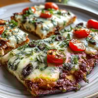 Low-carb cottage cheese flatbread pizza with golden crust, melty mozzarella, and fresh basil, perfect for quick healthy meals.