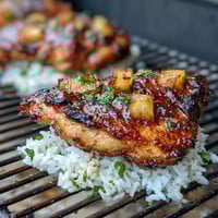 Grilled pineapple chicken and rice foil packets with colorful bell peppers and sweet pineapple chunks.