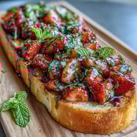 Fresh strawberry bruschetta with balsamic and mint served on toasted baguette slices. Juicy strawberries and fragrant mint topped with tangy balsamic glaze. Vibrant strawberry bruschetta appetizer featuring sweet berries, fresh mint, and balsamic drizzle. Perfect for summer gatherings. Colorful strawberry bruschetta with balsamic reduction and mint garnish, served on golden toasted baguette for a refreshing appetizer.