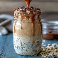 Vanilla Bean Frappuccino Overnight Oats jar with creamy oats, vanilla bean, and a coffee swirl, topped with whipped cream and chocolate chips.