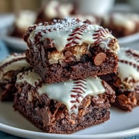 Baseball-themed brownie bites with white icing laces, fudgy mini brownies decorated for game day fun.