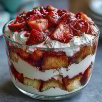 Layered strawberry shortcake trifle with juicy berries and whipped cream in a glass bowl.  