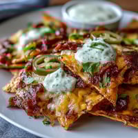 Soccer Game Day Nachos with Cheese Sauce piled high with jalapeños, avocado, and sour cream on a baking sheet.