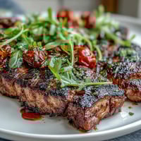 Grilled peach and burrata salad with arugula, balsamic glaze, and fresh basil on a white platter.